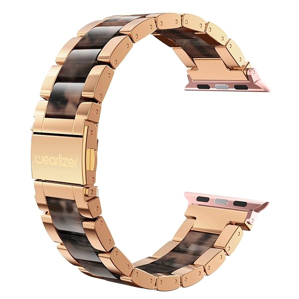 Wearlizer Apple Watch Bands 42-49mm Stainless Steel Resin Bracelet for Men and Women Dark Rose Gold Tortoise Design