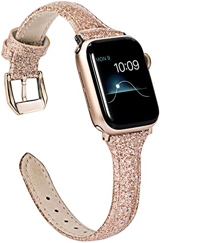 Wearlizer Rose Gold Leather Apple Watch Bands for Series 5 4 3 2 1 Slim Smooth Wristband Bling Glitter Strap with Gold Clasp