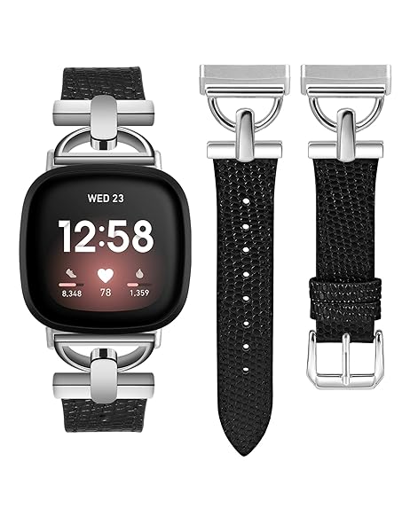 Wearlizer Women's Leather Band for Fitbit Versa 3 4 Sense 2 - Elegant D-Shape Metal Buckle, Premium Leather, Skin-Friendly, Secure Connectors, 1 Year