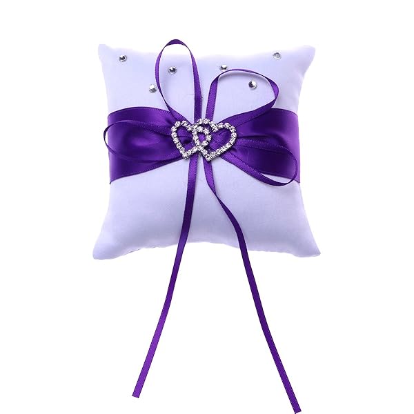 Purple Wedding Ring Pillow - 4x4 Inch Double Heart Bridal Ring Bearer Cushion & Accessories