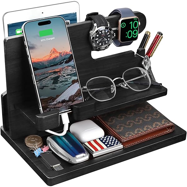 Wood Phone Docking Station: Stylish Nightstand Charger & Organizer - Perfect Bedside Gift for Men