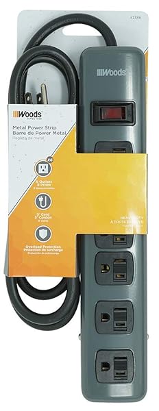 Woods 41386 Metal Power Strip with 6 Outlets and 5 Foot Cord for Safe Power Distribution and Circuit Protection