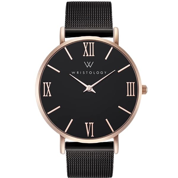 Wristology Easy Change Band Large Black Face Roman Numerals Boyfriend Womens Gold Watch - Interchangeable Metal Mesh Milanese Band Strap - Large Easy