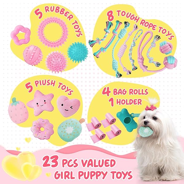 XIUGOAL 23 Pack Pink Puppy Toys for Teething Interactive Chew Toys Squeaky Balls and Ropes for Boredom Relief in Small Dogs - Image 5