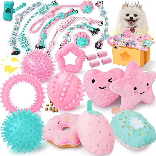 XIUGOAL 23 Pack Pink Puppy Toys for Teething Interactive Chew Toys Squeaky Balls and Ropes for Boredom Relief in Small Dogs - Image 3
