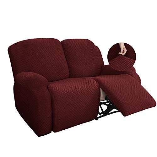YEMYHOM 6 Pieces Stretch Loveseat Recliner Slipcover Jacquard Fitted Sofa Cover with Side Pocket Elastic Bottom Wine Red