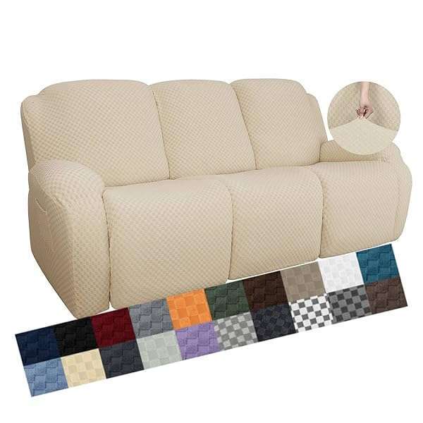 YEMYHOM 8-Piece Stretch Recliner Sofa Cover - Jacquard Anti-Slip Fitted Slipcovers with Side Pocket, Beige for 3 Cushion Furniture