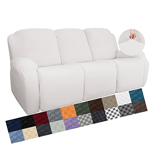YEMYHOM 8 Pieces Stretch Recliner Sofa Cover Jacquard Anti-Slip Fitted Couch Cover with Side Pocket for 3 Cushion Furniture White