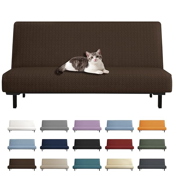 YEMYHOM Futon Cover Jacquard Design High Stretch Armless Sofa Bed Slipcover Anti-Slip Furniture Protector Dark Coffee