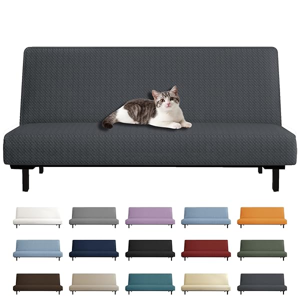 YEMYHOM Futon Cover Jacquard Design High Stretch Armless Sofa Bed Slipcover Anti-Slip Furniture Protector Dark Gray