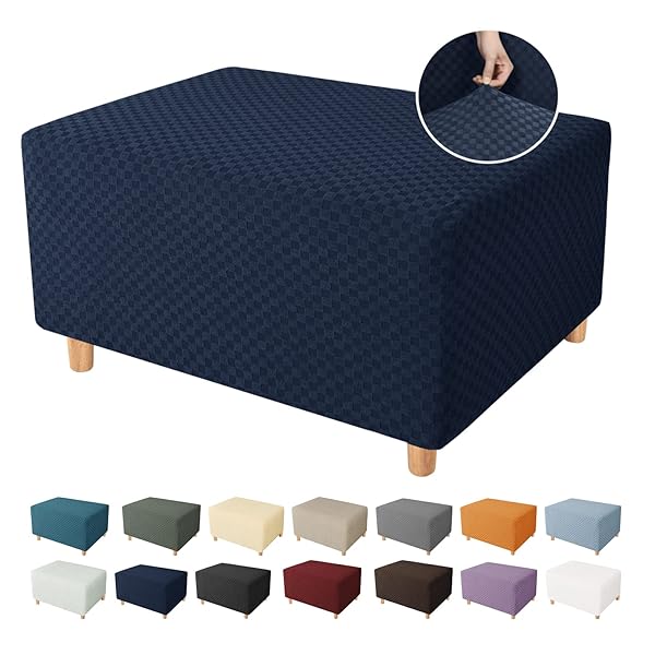 YEMYHOM High Stretch Ottoman Cover Jacquard Design Removable Slipcover for Large Rectangle Footstool Navy