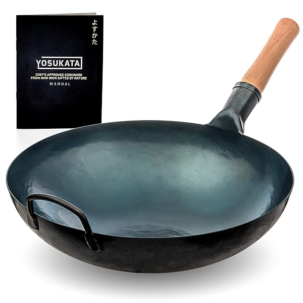 YOSUKATA "YOSUKATA 14" Blue Round Bottom Wok Pan - Traditional Hammered Carbon Steel for Authentic Chinese & Japanese Cooking"