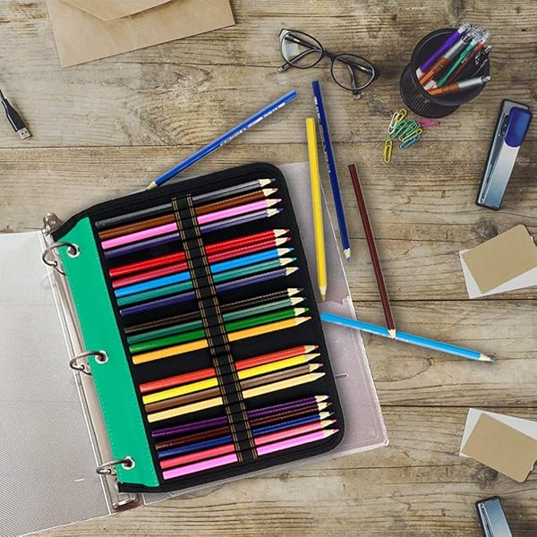 YOUSHARES 54 Slots Pencil Sleeve - 3 Ring Binder Pouch for Colored Pencils & Pens - Green Stationery Organizer - Image 5