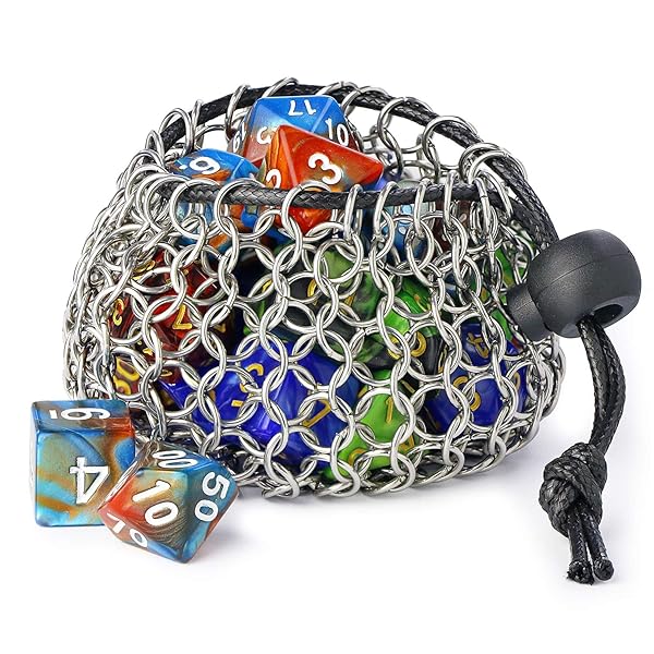 YOUSHARES YOUSHARES Drawstring Game Dice Bag Stainless Steel Chainmail DND Pouch for Metal Polyhedral Dice Set