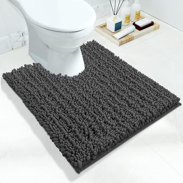 Yimobra U-Shaped Toilet Rugs 24x20 - Soft, Absorbent, Non-Slip Chenille Mat for Quick-Dry Bathroom Comfort in Dark Gray