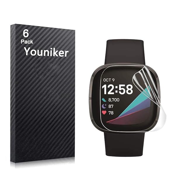 Youniker 6 Pack Fitbit Versa 3 Screen Protector Film for Fitbit Sense Smartwatch Crystal Clear HD Anti Scratch Anti Fingerprint Cover