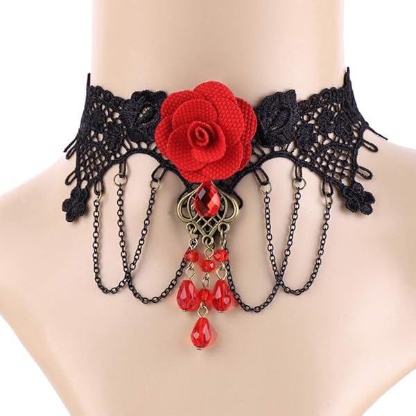 Youniker Gothic Black Lace Choker Necklace for Women Vintage Punk Steampunk Halloween Costume Party Victorian Rose Beads Pendant - Image 2