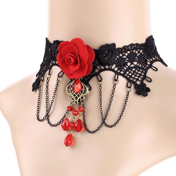 Youniker Gothic Black Lace Choker Necklace for Women Vintage Punk Steampunk Halloween Costume Party Victorian Rose Beads Pendant - Image 3