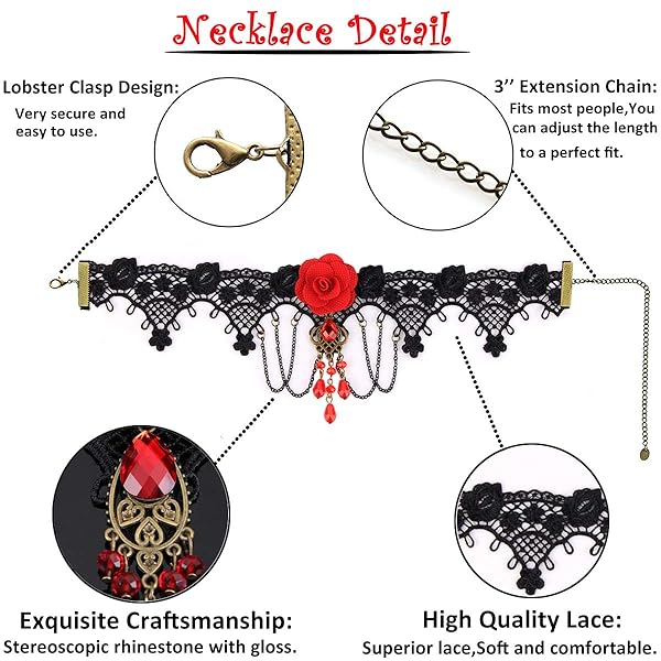 Youniker Gothic Black Lace Choker Necklace for Women Vintage Punk Steampunk Halloween Costume Party Victorian Rose Beads Pendant - Image 4