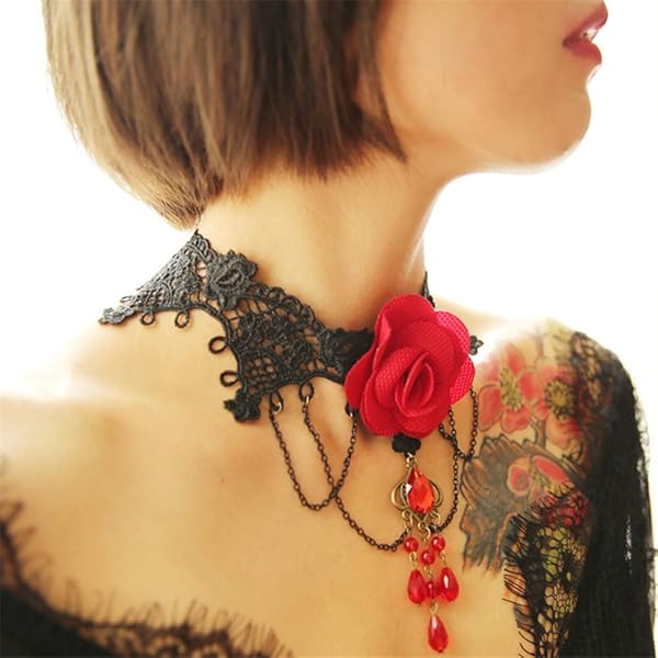 Youniker Gothic Black Lace Choker Necklace for Women Vintage Punk Steampunk Halloween Costume Party Victorian Rose Beads Pendant - Image 5