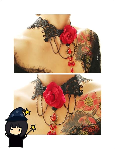 Youniker Gothic Black Lace Choker Necklace for Women Vintage Punk Steampunk Halloween Costume Party Victorian Rose Beads Pendant - Image 6
