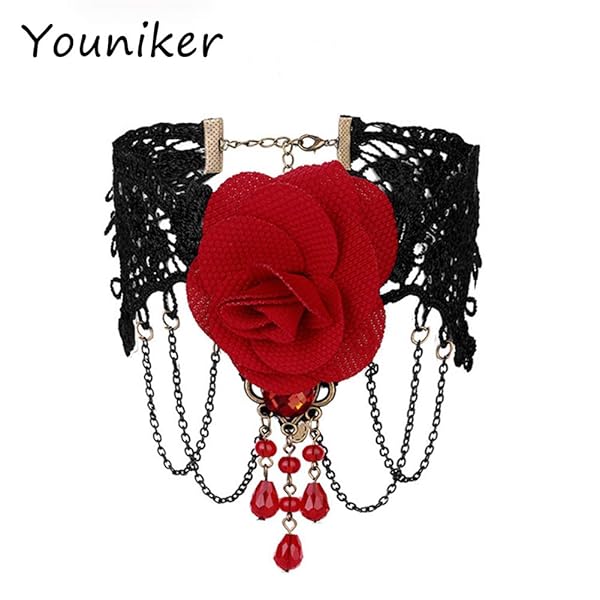 Youniker Gothic Black Lace Choker Necklace for Women Vintage Punk Steampunk Halloween Costume Party Victorian Rose Beads Pendant - Image 9