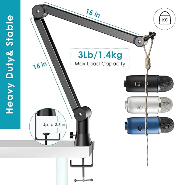 YOUSHARES Blue Yeti Mic Stand with Blue Yeti Pop Filter - Premium Mic Arm for Blue yeti, Heavy Duty Boom Arm with Cable Management, 3 8" to 5 8" - Image 2