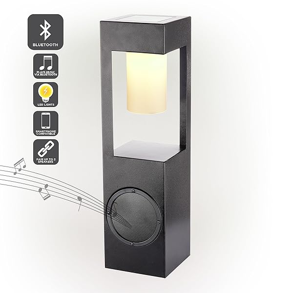 Alpine Corporation 24 Inch Modern Outdoor Solar Powered Metal Lantern with LED Light and Bluetooth Speaker Black - Image 4