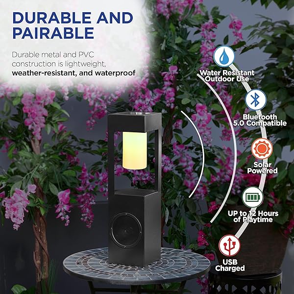 Alpine Corporation 24 Inch Modern Outdoor Solar Powered Metal Lantern with LED Light and Bluetooth Speaker Black - Image 7