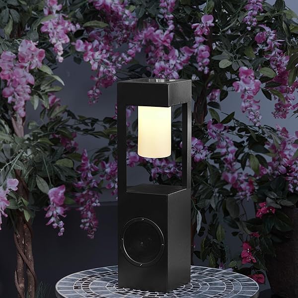 Alpine Corporation 24 Inch Modern Outdoor Solar Powered Metal Lantern with LED Light and Bluetooth Speaker Black
