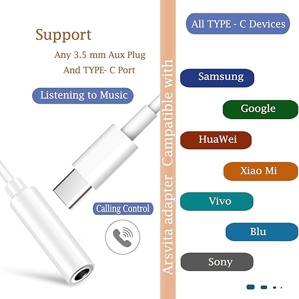 arsvita Car Audio Aux Cassette Adapter with Type C to 3.5mm Audio Aux Jack Adapter for Google Samsung Xiaomi Huawei Devices White - Image 3