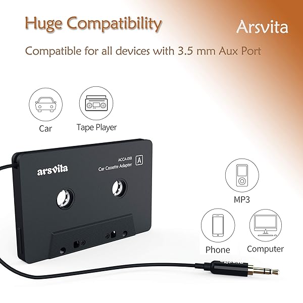 arsvita Car Audio Aux Cassette Adapter with Type C to 3.5mm Audio Aux Jack Adapter for Google Samsung Xiaomi Huawei Devices White - Image 7