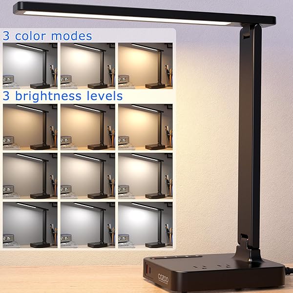 Modern Cozoo LED Desk Lamp with USB Ports & AC Outlets - 3 Modes, Touch Control, Eye-Caring Design for Home Office & Dorm - Image 3
