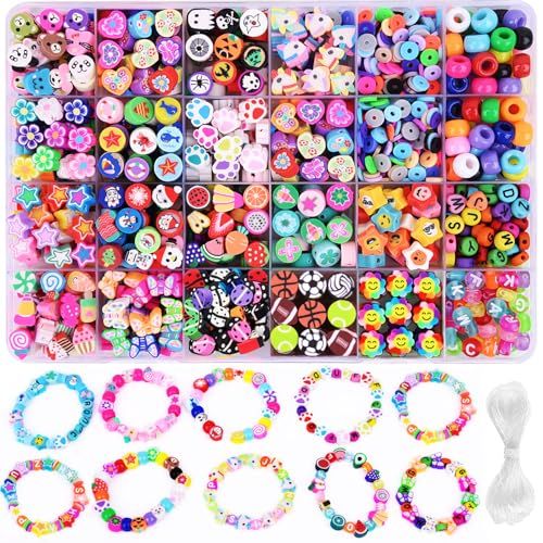 1000PCS Polymer Clay Beads Bracelet Making kit, 24 Style Cute Fun Beads Fruit Flower Animal Cake Butterfly Heart Beads Charms for Jewelry Necklace