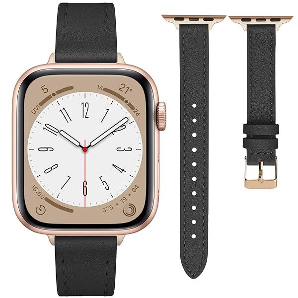 12QIAIFBLL Slim Leather Bands Compatible with Apple Watch 38mm 40mm 41mm Replacement Genuine Leather Strap for iWatch Series Thin Watch Wristband for