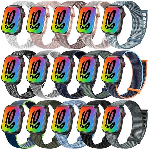 15 PACK Sport Loop Nylon Band Compatible with Apple Watch Band 38mm 40mm 41mm 42mm 44mm 45mm 46mm 49mm Ultra iWatch Series 10 9 8 7 6 SE 5 4 3 2 1