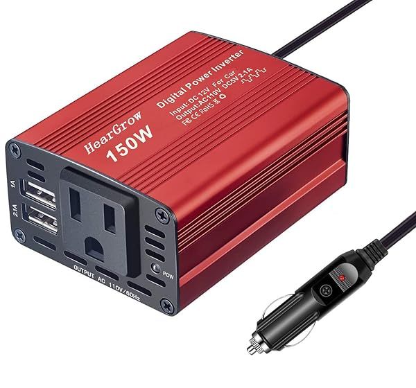 150W Red Car Power Inverter: 12V to 110V Converter with Dual USB Fast Charging for Travel & Camping