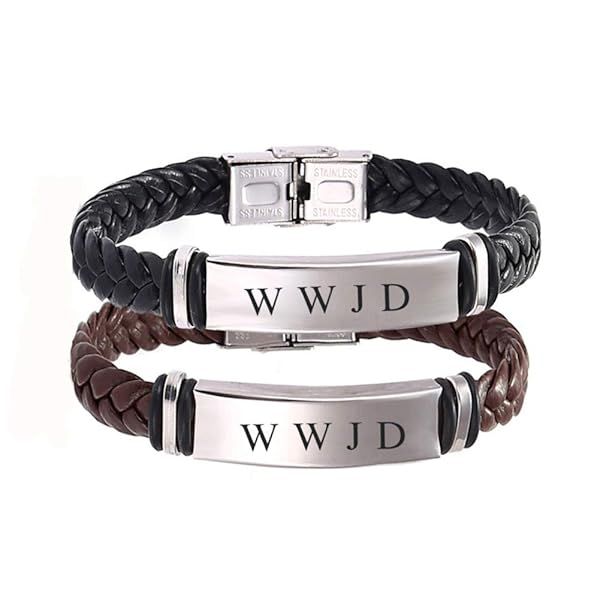 Dainty Braided Leather WWJD Bracelet 2 Pack Inspirational Religious Jewelry Gift for Men and Women