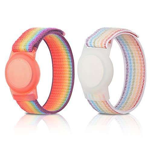 2 Pack Kids AirTag Wristbands - Adjustable Nylon GPS Tracker Holders for Toddlers & Elders (RainbowA & RainbowB)