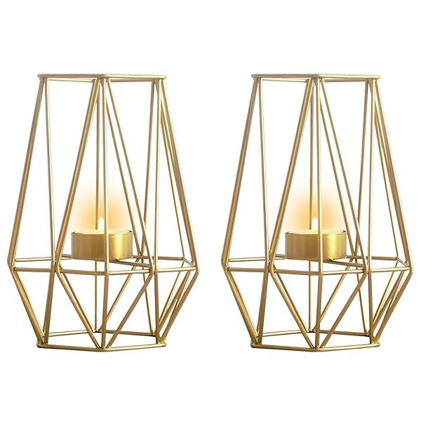 Metal Hexagon Shaped Tea Light Candle Holders Set of 2 for Vintage Wedding Home Decoration Gold Iron Geometric Design