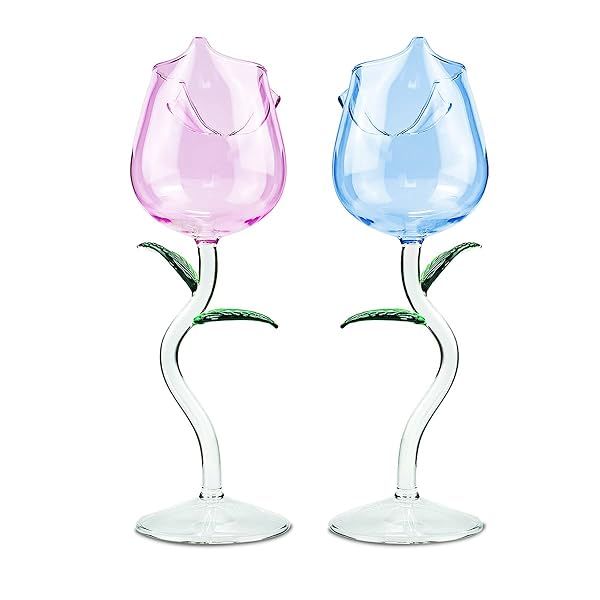 2pcs Rose Wine Glass Set - Creative Floral Goblets for Parties, Weddings & Celebrations (260ml, Blue & Pink)