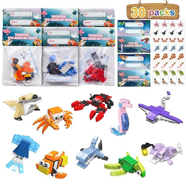 30 Packs Valentines Day Gifts for Kids Sea Animal Building Blocks with Cards for Classroom Class Gifts Exchange Party Favors for Boys Girls