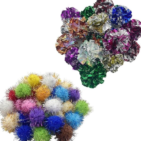 30 Pcs Crinkle Balls Cat Toys Sparkle Balls Mylar Glitter Pom Pom Tinsel Balls Color Random Fun Playtime for Cats