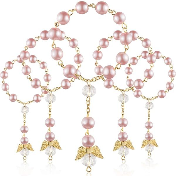 30 Pink Gold Baptism Rosary Beads - Mini Rosaries with Angel for First Communion Party Favors