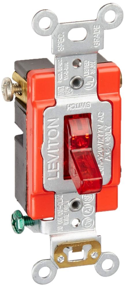 Leviton 1221-PLR 20A Toggle Pilot Light Switch - Heavy Duty, Self-Grounding, Red, 120V AC