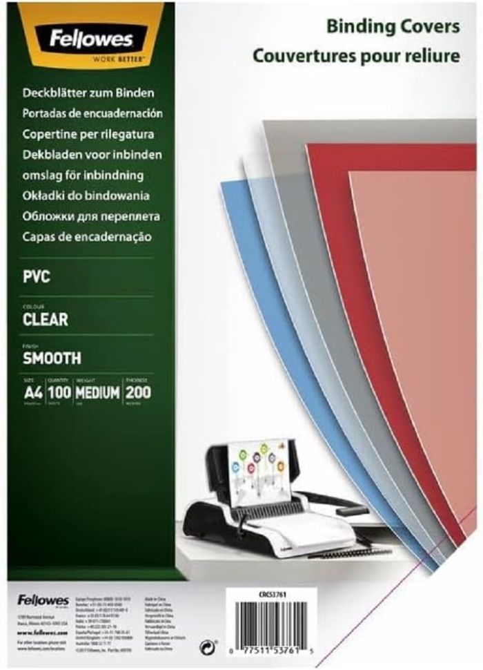 Fellowes A4 Clear Binding Covers 200 Micron - Pack of 100 for Professional Presentations