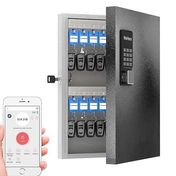 32 Key Lock Box Wall Mount Smart Key Cabinet with Bluetooth Wi-Fi Remote Key Management for Valets Realtors Office Hotel