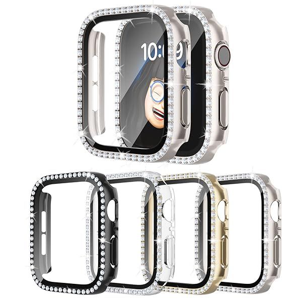 4 Pack Bling Case for Apple Watch SE 2 SE 6 5 4 44mmm, Glitter Rhinestone Diamonds Protective Case with Tempered Glass Screen Protector Replacement