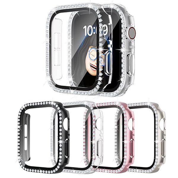 4 Pack Bling Case for Apple Watch SE 3 SE 2 SE 6 5 4 44mmm, Glitter Rhinestone Diamonds Protective Case with Tempered Glass Screen Protector