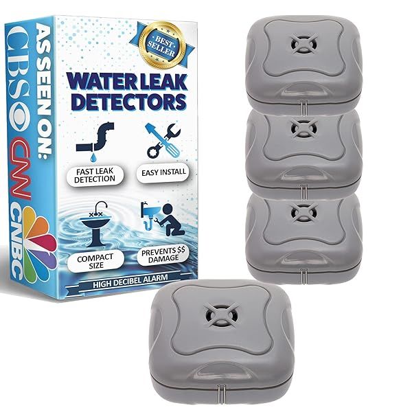 4 Pack Water Leak Detector 95 dB Flood Alarm Sensor for Bathrooms Basements Laundry Rooms Garages Attics Kitchens by Mindful Design Grey